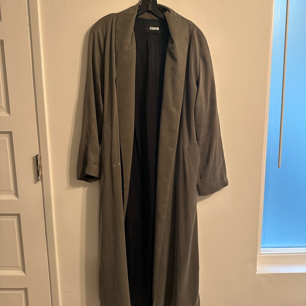Reformation Olive Green Silk Long Duster Coat
